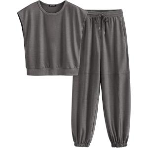 imagePRETTYGARDEN Womens Summer 2 Piece Tracksuit Outfit Casual Cap Sleeve Tops High Waist Pants Set LoungewearDark Grey
