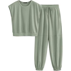 imagePRETTYGARDEN Womens Summer 2 Piece Tracksuit Outfit Casual Cap Sleeve Tops High Waist Pants Set LoungewearLight Green