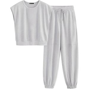 imagePRETTYGARDEN Womens Summer 2 Piece Tracksuit Outfit Casual Cap Sleeve Tops High Waist Pants Set LoungewearLight Grey