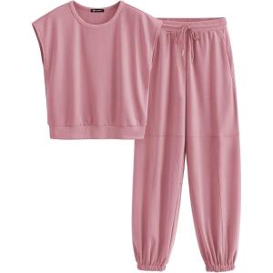 imagePRETTYGARDEN Womens Summer 2 Piece Tracksuit Outfit Casual Cap Sleeve Tops High Waist Pants Set LoungewearLight Pink