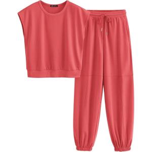 imagePRETTYGARDEN Womens Summer 2 Piece Tracksuit Outfit Casual Cap Sleeve Tops High Waist Pants Set LoungewearPeach Red