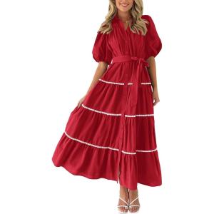 imagePRETTYGARDEN Womens Summer Button Down Shirt Dress Short Puffy Sleeve Tiered Ruffle Flowy Long Maxi DressesRed