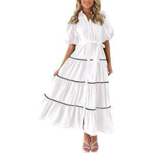 imagePRETTYGARDEN Womens Summer Button Down Shirt Dress Short Puffy Sleeve Tiered Ruffle Flowy Long Maxi DressesWhite