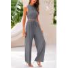 imagePRETTYGARDEN Womens Summer 2 Piece Outfits Ribbed Knit Lounge Sets Tracksuit Sleeveless Crop Tank Tops Wide Leg Casual PantsGrey