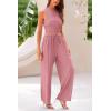 imagePRETTYGARDEN Womens Summer 2 Piece Outfits Ribbed Knit Lounge Sets Tracksuit Sleeveless Crop Tank Tops Wide Leg Casual PantsPink
