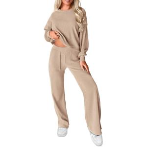 imagePRETTYGARDEN Womens 2 Piece Outfits 2024 Fall Fashion Tracksuits Long Sleeve Pullover Tops Straight Leg Pants Lounge SetsBeige
