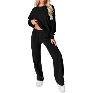 imagePRETTYGARDEN Womens 2 Piece Outfits 2024 Fall Fashion Tracksuits Long Sleeve Pullover Tops Straight Leg Pants Lounge SetsBlack