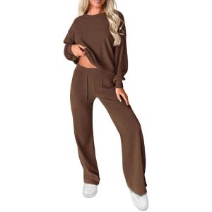 imagePRETTYGARDEN Womens 2 Piece Outfits 2024 Fall Fashion Tracksuits Long Sleeve Pullover Tops Straight Leg Pants Lounge SetsBrown