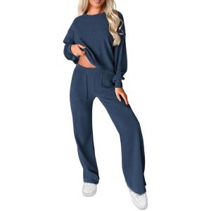 imagePRETTYGARDEN Womens 2 Piece Outfits 2024 Fall Fashion Tracksuits Long Sleeve Pullover Tops Straight Leg Pants Lounge SetsDark Blue