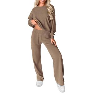 imagePRETTYGARDEN Womens 2 Piece Outfits 2024 Fall Fashion Tracksuits Long Sleeve Pullover Tops Straight Leg Pants Lounge SetsKhaki