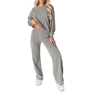 imagePRETTYGARDEN Womens 2 Piece Outfits 2024 Fall Fashion Tracksuits Long Sleeve Pullover Tops Straight Leg Pants Lounge SetsLight Grey