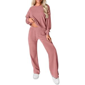imagePRETTYGARDEN Womens 2 Piece Outfits 2024 Fall Fashion Tracksuits Long Sleeve Pullover Tops Straight Leg Pants Lounge SetsPink