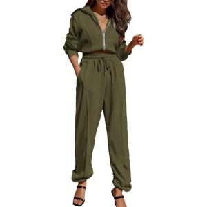 imagePRETTYGARDEN Womens 2 Piece Tracksuit Outfits Long Sleeve Zip Up Sweatshirt Drawstring Sweatpants Lounge SetArmy Green