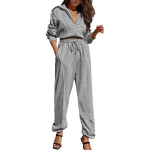 imagePRETTYGARDEN Womens 2 Piece Tracksuit Outfits Long Sleeve Zip Up Sweatshirt Drawstring Sweatpants Lounge SetGrey