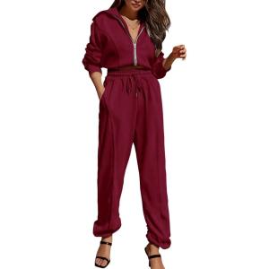 imagePRETTYGARDEN Womens 2 Piece Tracksuit Outfits Long Sleeve Zip Up Sweatshirt Drawstring Sweatpants Lounge SetWine Red