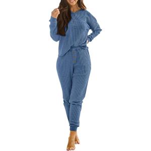 imagePRETTYGARDEN Womens 2 Piece Waffle Knit Lounge Outfit Long Sleeve Henley Top and Sweatpants Set TracksuitBlue