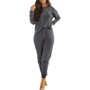 imagePRETTYGARDEN Womens 2 Piece Waffle Knit Lounge Outfit Long Sleeve Henley Top and Sweatpants Set TracksuitDark Grey