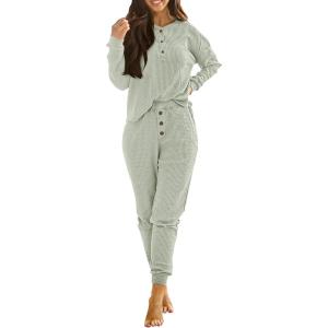 imagePRETTYGARDEN Womens 2 Piece Waffle Knit Lounge Outfit Long Sleeve Henley Top and Sweatpants Set TracksuitLight Green