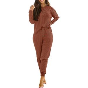 imagePRETTYGARDEN Womens 2 Piece Waffle Knit Lounge Outfit Long Sleeve Henley Top and Sweatpants Set TracksuitRust Red