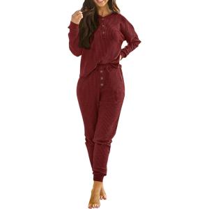 imagePRETTYGARDEN Womens 2 Piece Waffle Knit Lounge Outfit Long Sleeve Henley Top and Sweatpants Set TracksuitWine Red