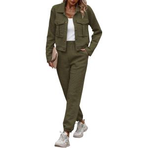 imagePRETTYGARDEN Womens 2024 Fall 2 Piece Outfits Tracksuit Long Sleeve Button Down Shacket Jacket Pockets Long Pants Casual SetArmy Green