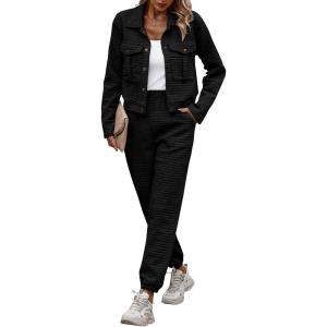 imagePRETTYGARDEN Womens 2024 Fall 2 Piece Outfits Tracksuit Long Sleeve Button Down Shacket Jacket Pockets Long Pants Casual SetBlack