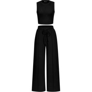 imagePRETTYGARDEN Womens Summer 2 Piece Loungewear Set Cropped Tank Top Wide Leg Sweatpants Tracksuit Casual OutfitsBlack