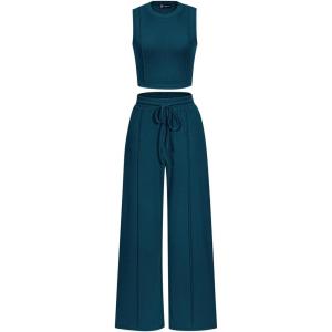 imagePRETTYGARDEN Womens Summer 2 Piece Loungewear Set Cropped Tank Top Wide Leg Sweatpants Tracksuit Casual OutfitsLake Blue