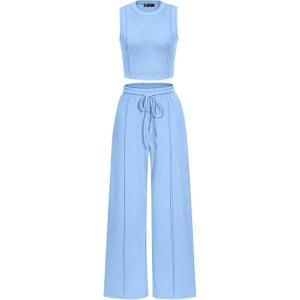 imagePRETTYGARDEN Womens Summer 2 Piece Loungewear Set Cropped Tank Top Wide Leg Sweatpants Tracksuit Casual OutfitsLight Blue