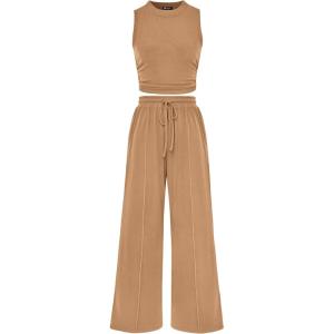 imagePRETTYGARDEN Womens Summer 2 Piece Outfits Ribbed Knit Lounge Sets Tracksuit Sleeveless Crop Tank Tops Wide Leg Casual PantsCamel