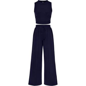 imagePRETTYGARDEN Womens Summer 2 Piece Outfits Ribbed Knit Lounge Sets Tracksuit Sleeveless Crop Tank Tops Wide Leg Casual PantsNavy