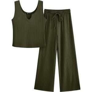 imagePRETTYGARDEN Womens Summer Casual Two Piece Outfits Sweatsuits Tank Scoop Neck Ribbed Knit Long Pants TracksuitsArmy Green