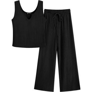 imagePRETTYGARDEN Womens Summer Casual Two Piece Outfits Sweatsuits Tank Scoop Neck Ribbed Knit Long Pants TracksuitsBlack