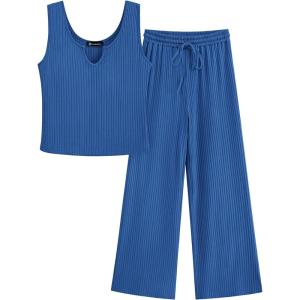 imagePRETTYGARDEN Womens Summer Casual Two Piece Outfits Sweatsuits Tank Scoop Neck Ribbed Knit Long Pants TracksuitsBlue
