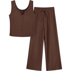 imagePRETTYGARDEN Womens Summer Casual Two Piece Outfits Sweatsuits Tank Scoop Neck Ribbed Knit Long Pants TracksuitsDark Brown
