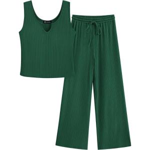imagePRETTYGARDEN Womens Summer Casual Two Piece Outfits Sweatsuits Tank Scoop Neck Ribbed Knit Long Pants TracksuitsDark Green