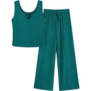 imagePRETTYGARDEN Womens Summer Casual Two Piece Outfits Sweatsuits Tank Scoop Neck Ribbed Knit Long Pants TracksuitsLake Blue