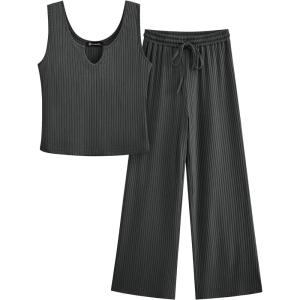 imagePRETTYGARDEN Womens Summer Casual Two Piece Outfits Sweatsuits Tank Scoop Neck Ribbed Knit Long Pants TracksuitsLight Grey