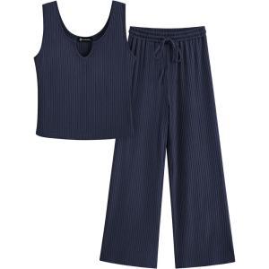 imagePRETTYGARDEN Womens Summer Casual Two Piece Outfits Sweatsuits Tank Scoop Neck Ribbed Knit Long Pants TracksuitsNavy
