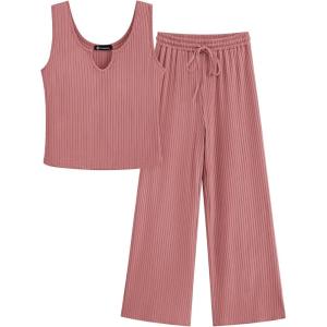 imagePRETTYGARDEN Womens Summer Casual Two Piece Outfits Sweatsuits Tank Scoop Neck Ribbed Knit Long Pants TracksuitsPink