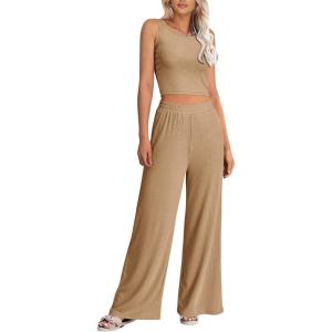 imagePRETTYGARDEN Womens Summer Casual Two Piece Outfits Sweatsuits Tank Scoop Neck Ribbed Knit Long Pants TracksuitsSolid Khaki