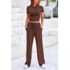 imagePRETTYGARDEN Womens 2 Piece Outfits Summer Tracksuit Lounge Sets Short Sleeve Crop Tops T Shirts High Waisted Wide Leg PantsRed Brown