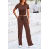 imagePRETTYGARDEN Womens 2 Piece Outfits Summer Tracksuit Lounge Sets Short Sleeve Crop Tops T Shirts High Waisted Wide Leg PantsRed Brown