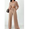 imagePRETTYGARDEN Womens 2024 Fall Track Suits 3 Piece Outfits Matching Sets Ribbed Knit Cardigan Cropped Tank Tops Wide Leg PantsKhaki