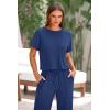 imagePRETTYGARDEN Womens Summer 2 Piece Knit Loungewear Short Sleeve T Shirts Wide Leg Pants Tracksuit Casual OutfitsDark Blue
