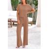 imagePRETTYGARDEN Womens Summer 2 Piece Knit Loungewear Short Sleeve T Shirts Wide Leg Pants Tracksuit Casual OutfitsKhaki