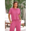 imagePRETTYGARDEN Womens Summer 2 Piece Knit Loungewear Short Sleeve T Shirts Wide Leg Pants Tracksuit Casual OutfitsPink