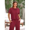 imagePRETTYGARDEN Womens Summer 2 Piece Knit Loungewear Short Sleeve T Shirts Wide Leg Pants Tracksuit Casual OutfitsWine Red