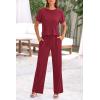 imagePRETTYGARDEN Womens Summer 2 Piece Knit Loungewear Short Sleeve T Shirts Wide Leg Pants Tracksuit Casual OutfitsWine Red