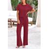 imagePRETTYGARDEN Womens Summer 2 Piece Knit Loungewear Short Sleeve T Shirts Wide Leg Pants Tracksuit Casual OutfitsWine Red